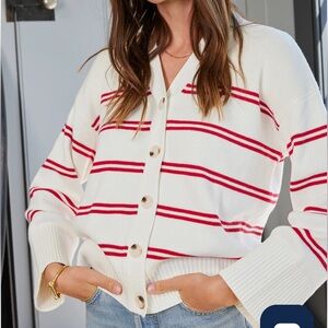 Lake Nora Cotton Cardigan in Ivory Red Stripe